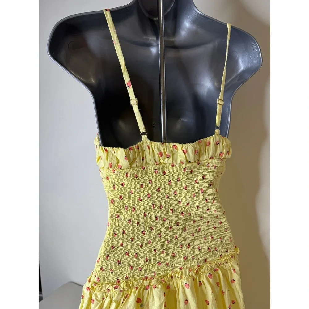 Free People Lavender Daze Smocked Midi Dress Yellow Strawberry Lemon Combo Size